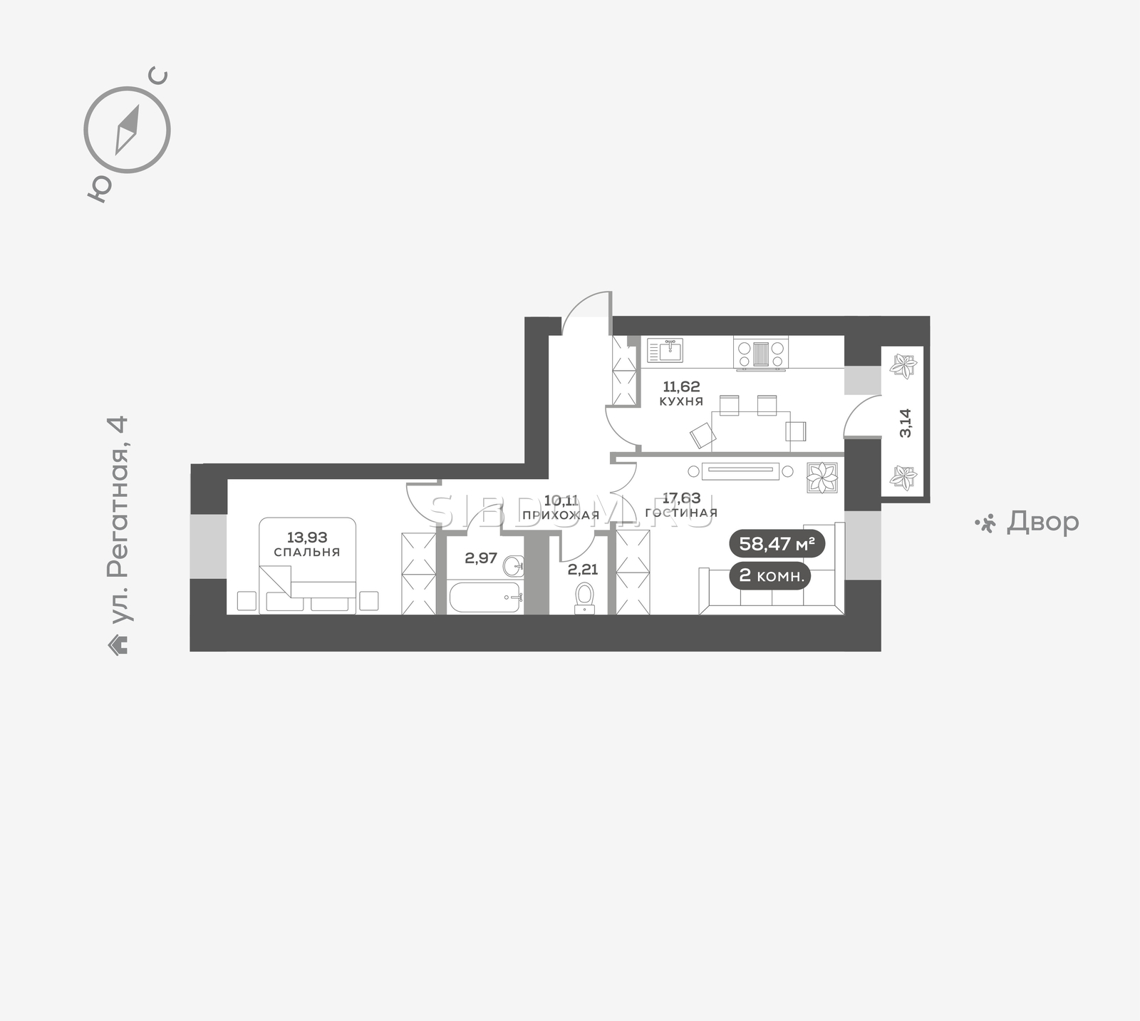 Продам двухкомнатную квартиру в Красноярске Южный берег, дом 24, 58.47  кв.м, 7 этаж, от застройщика - СИБДОМ, объявление 3912735