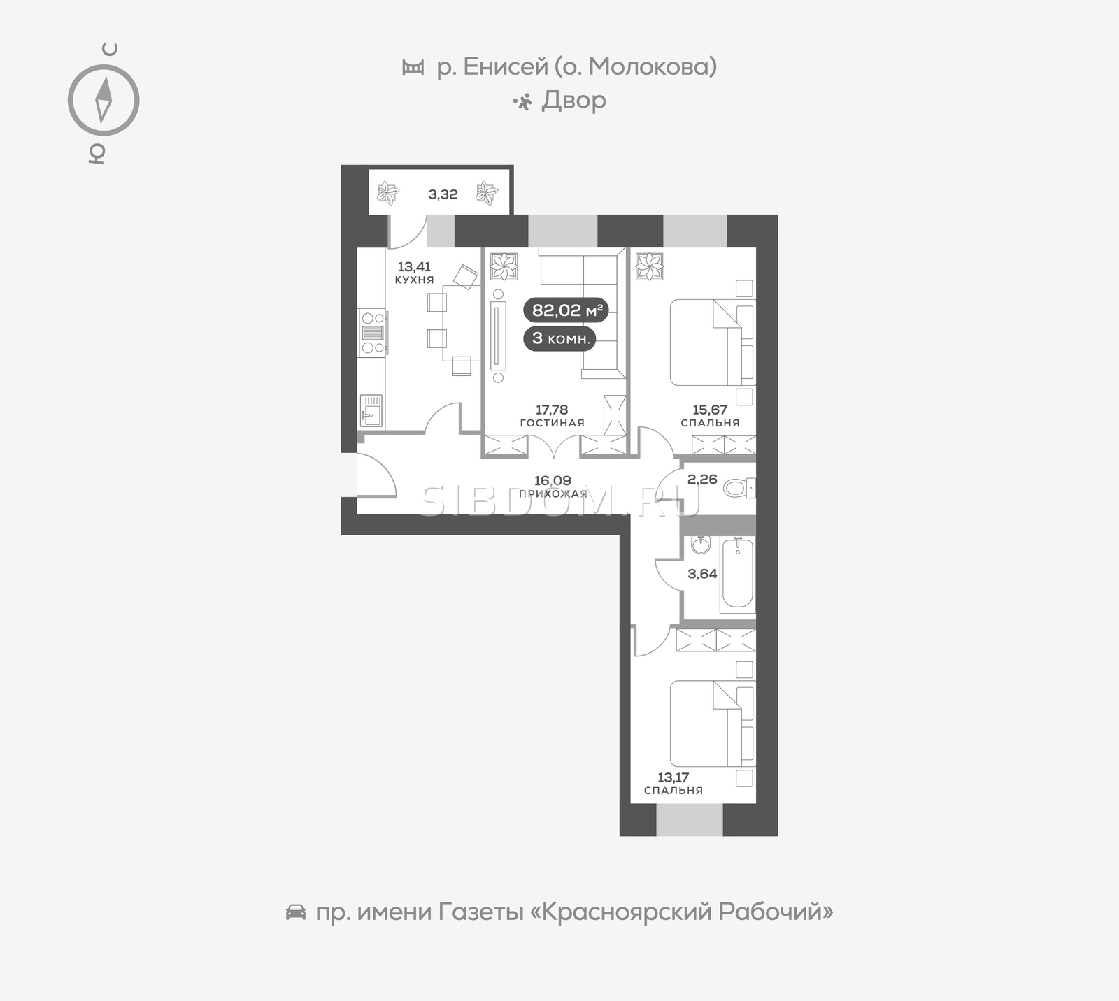 Продам трехкомнатную квартиру в Красноярске Южный берег, дом 21, 82.02  кв.м, 2 этаж, от застройщика - СИБДОМ, объявление 3916749