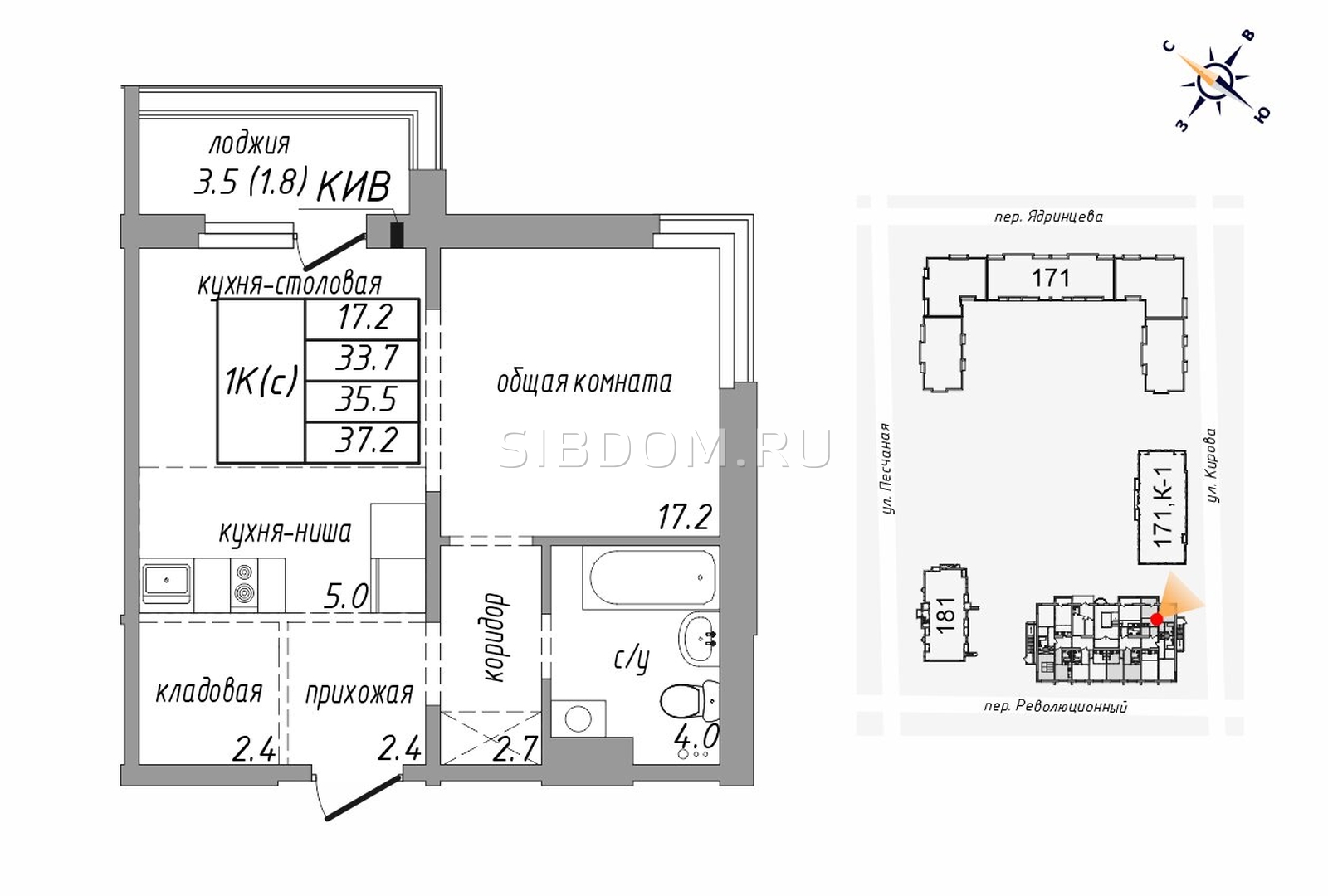 Продам однокомнатную квартиру в Барнауле Песчаная ул, 37.2 кв.м, 1 этаж -  СИБДОМ, объявление 198042