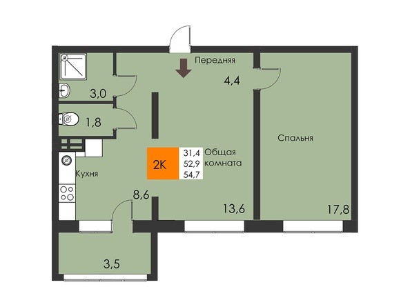 Планировка 2-комнатной квартиры 54,7 кв.м