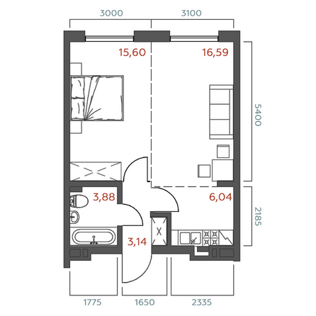 Планировка 1-комн 45,25, 45,4 м²
