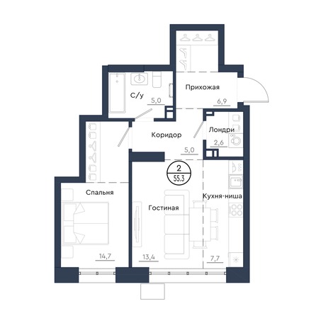 Планировка 2-комн 55,3 м²