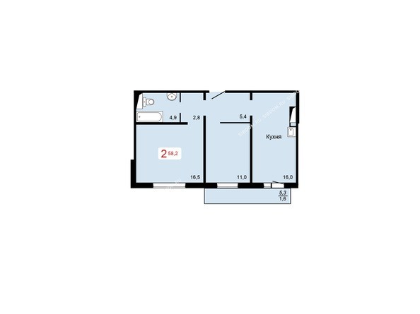 2 блок-секция. Планировка двухкомнатной квартиры 58,2 кв.м