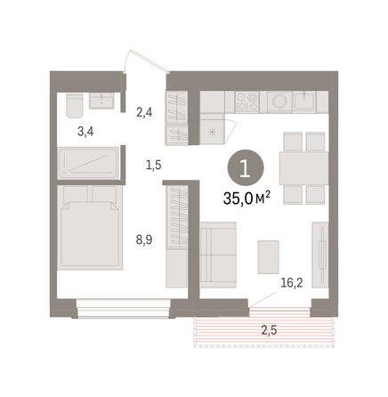 Планировка 1-комн 35 м²