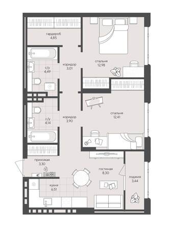 Планировка 2-комн 67,33 м²