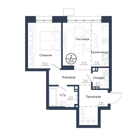 Планировка 2-комн 53 м²