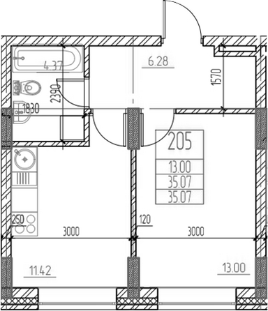 Планировка 1-комн 35,07 м²