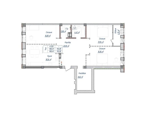 Планировка 3-комн 108, 108,49 м²