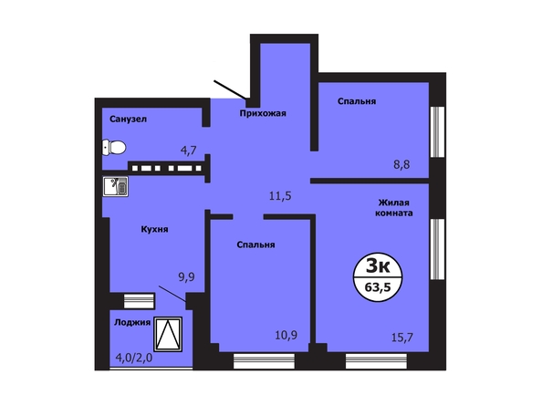 Планировка 3-комн 63,5, 63,7 м²