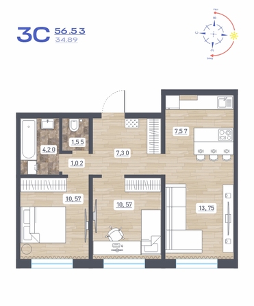 Планировка 3-комн 56,53 м²