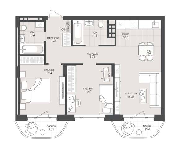 Планировка 2-комн 67,38 м²