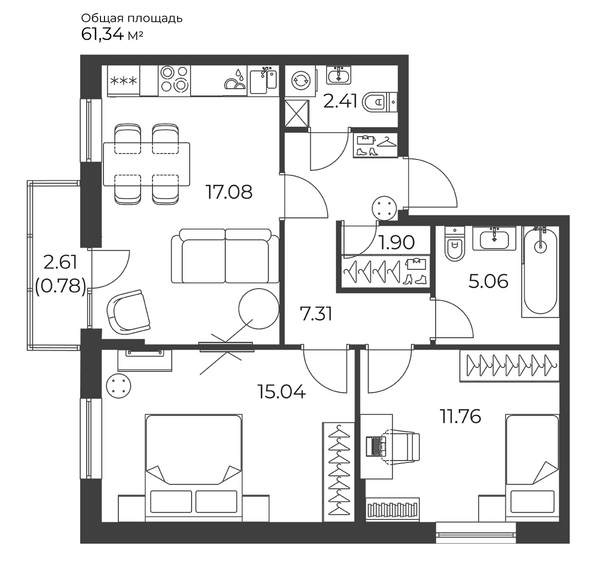 Планировка 2-комн 61,34 м²