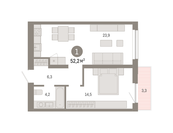 Планировка 1-комн 52,16, 52,17 м²