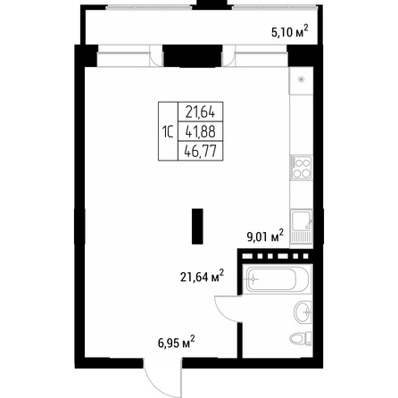 Планировка Студия 43,1, 43,2 м²