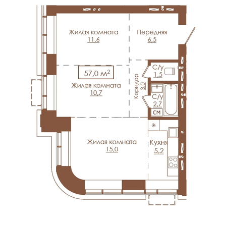 Планировка 3-комн 57 м²