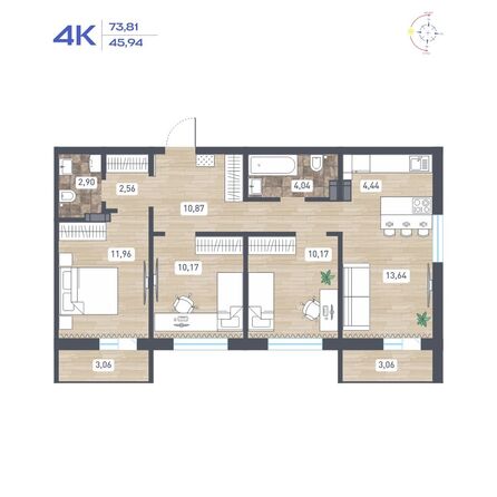 Планировка 4-комн 73,81, 73,86 м²