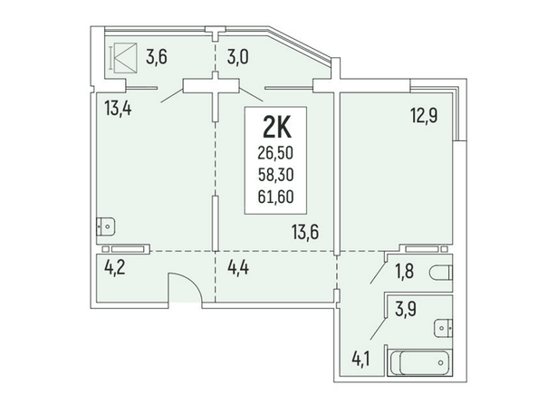 Планировка 2-комнатной квартиры 61,6-61,9 кв.м