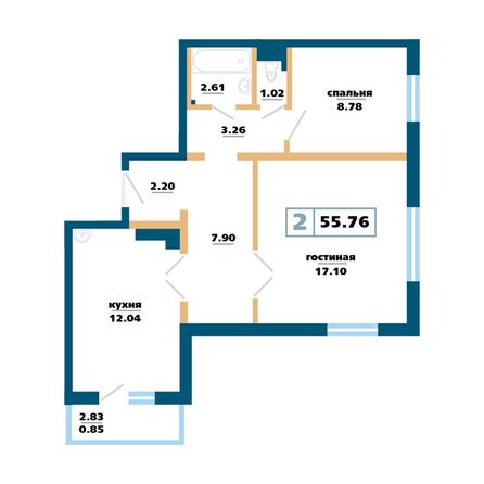 Планировка 2-комн 55,76 м²