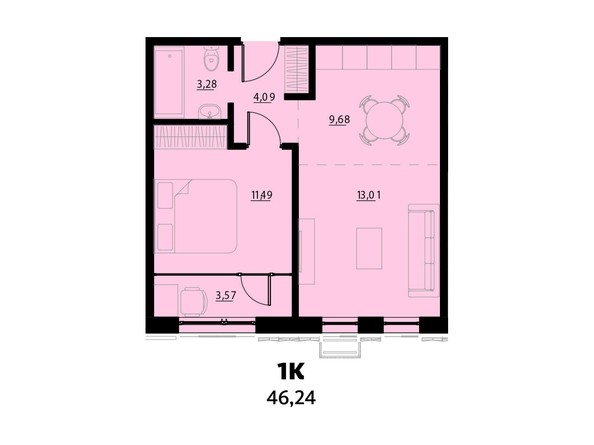 Планировка 1-комнатной 46,24 кв.м