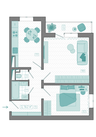 Планировка 2-комн 56,2 м²
