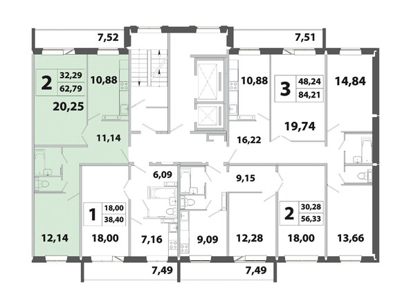 Планировка двухкомнатной квартиры 62,79 кв.м