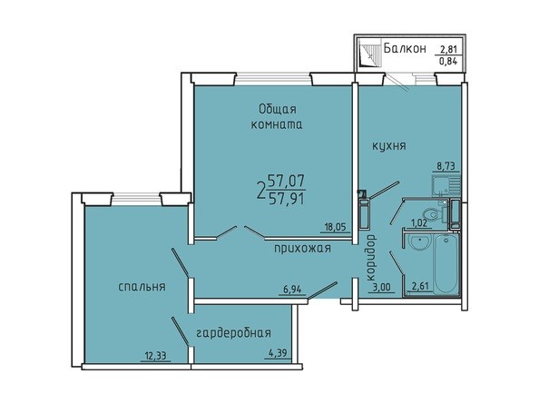 Планировка двухкомнатной квартиры 57,91 кв.м