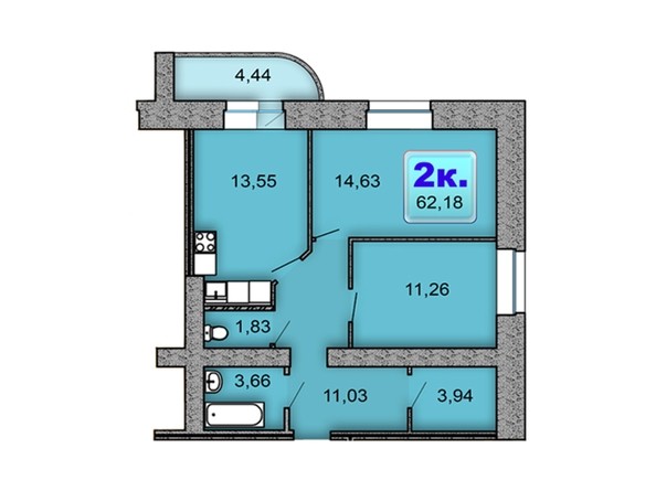 Планировка 2-комнатной квартиры 62,18 кв.м