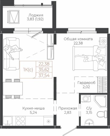 Планировка 1-комн 37,54 м²