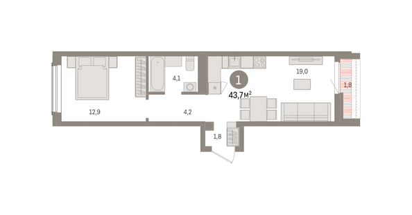 Планировка 1-комн 43,73 м²