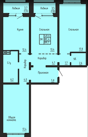 Планировка 3-комн 89,1 м²