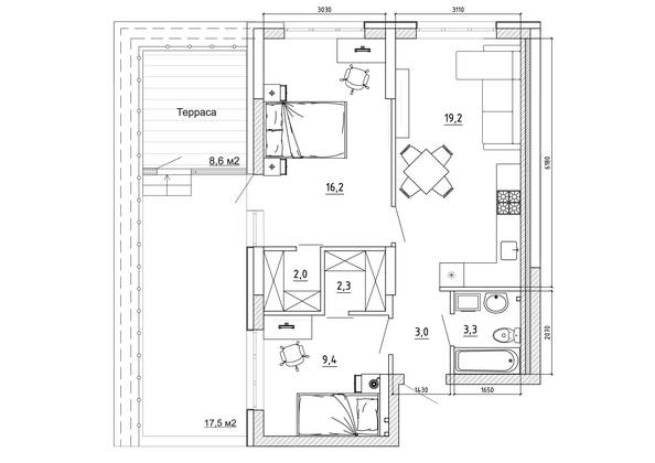 Планировка 2-комн 83,5 м²