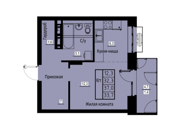 Планировка 1-комн 33,7 м²