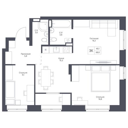 Планировка 3-комн 68 м²