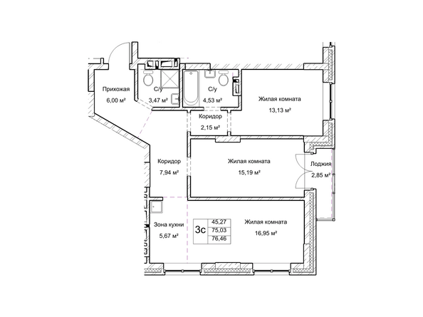 Планировка трехкомнатной квартиры 75 кв.м