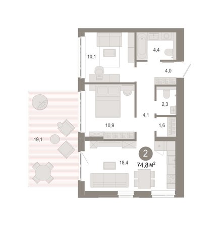 Планировка 2-комн 74,82 м²