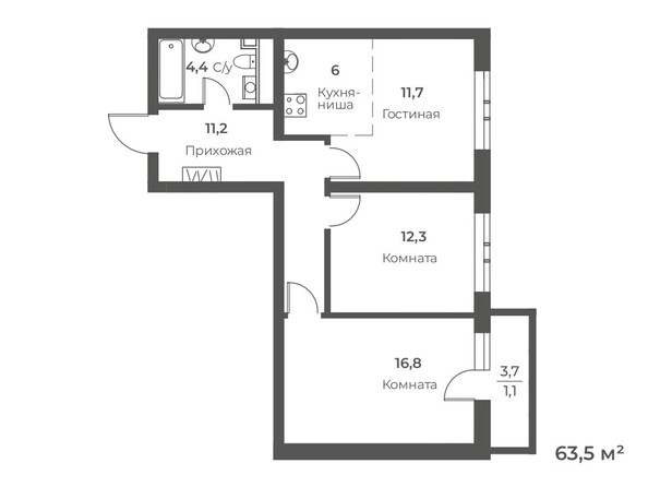 Планировка 3-комн 63,5 м²