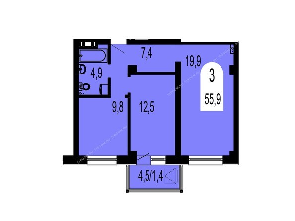 Планировка трехкомнатной квартиры 55,9 кв.м