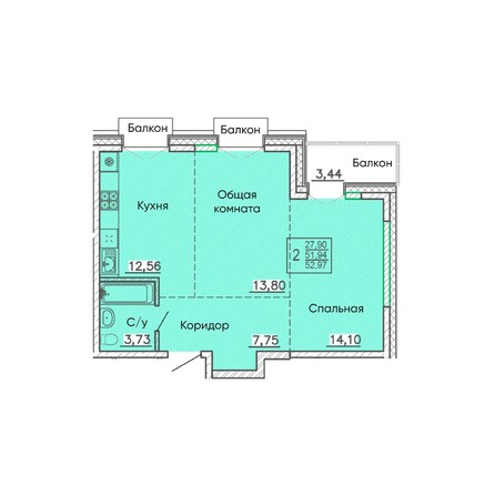 Планировка 2-комн 52,97 м²