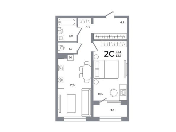 Планировка 2-комн 53,5, 53,7 м²