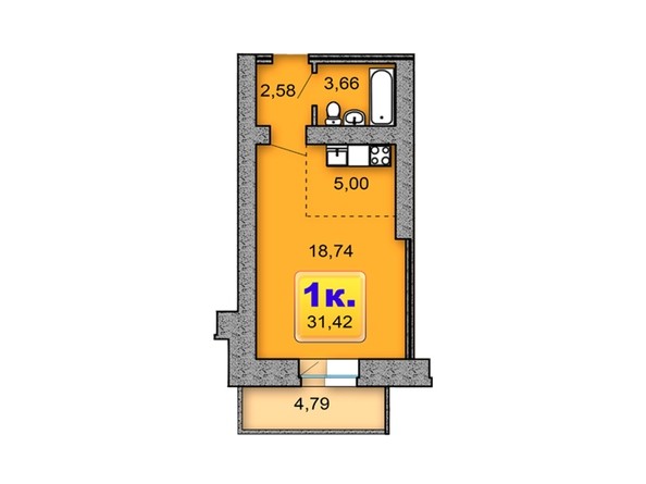 Планировка 1-комнатной квартиры 31,42 кв.м