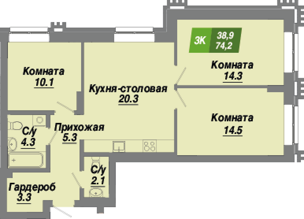 Планировка 3-комн 74,2 м²