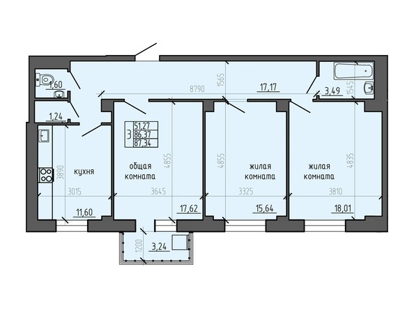 Планировка трехкомнатной квартиры 87,34 кв.м
