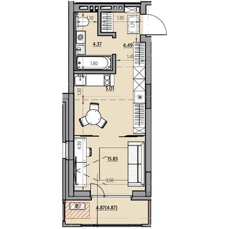 Планировка Студия 33,2, 33,6 м²
