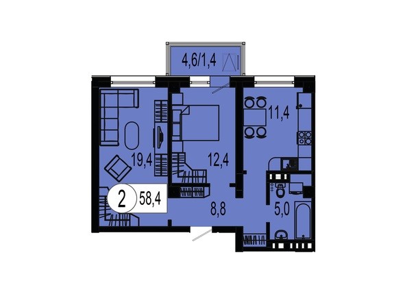 Планировка двухкомнатной квартиры 58,4 кв.м