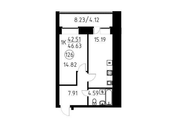 Планировка 1-комн 46,63 м²