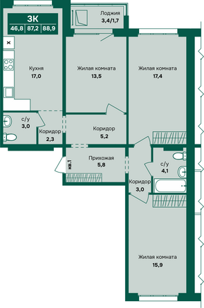 Планировка 3-комн 88,9, 89 м²