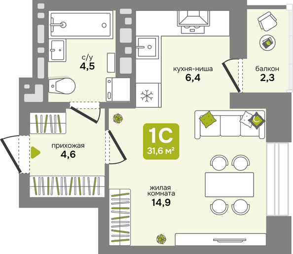 Планировка 1-комн 31,6 - 32,4 м²