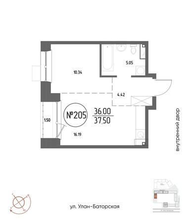 Планировка 1-комн 37,35 - 39,04 м²