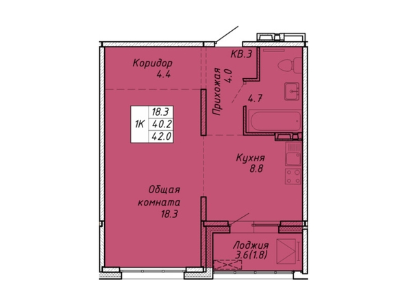 Планировка 1-комн 41,9, 42 м²