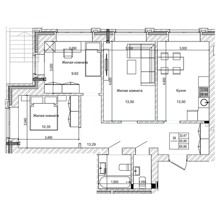 Планировка 3-комн 65,86 м²